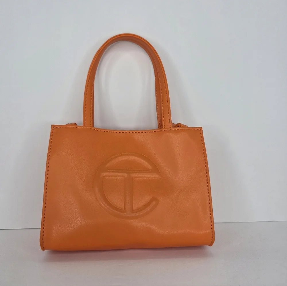 Telfar Vegan Leather Shoulder Bag Mini Snap Closure Vibrant Orange Double Strap - Picture 3 of 15